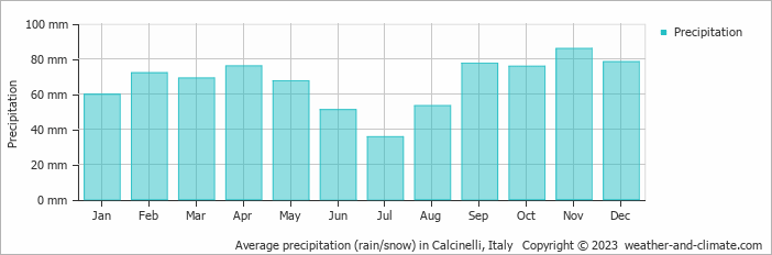 Average monthly rainfall, snow, precipitation in Calcinelli, 