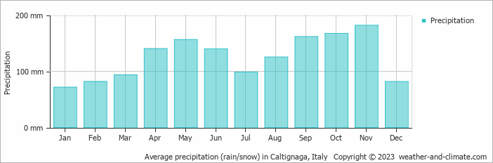 Average monthly rainfall, snow, precipitation in Caltignaga, Italy