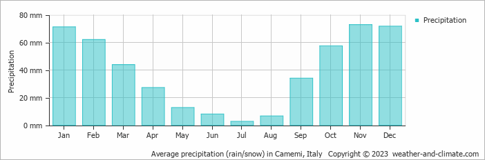 Average monthly rainfall, snow, precipitation in Camemi, Italy
