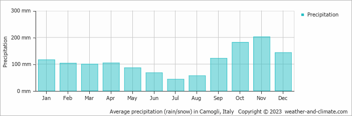 Average monthly rainfall, snow, precipitation in Camogli, Italy