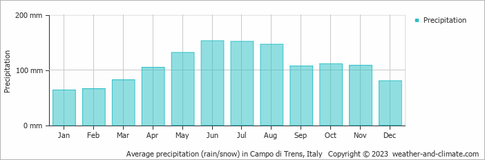 Average monthly rainfall, snow, precipitation in Campo di Trens, Italy