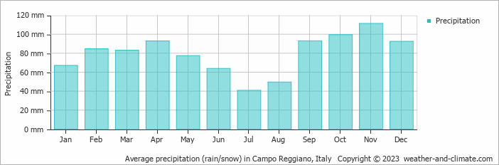 Average monthly rainfall, snow, precipitation in Campo Reggiano, Italy
