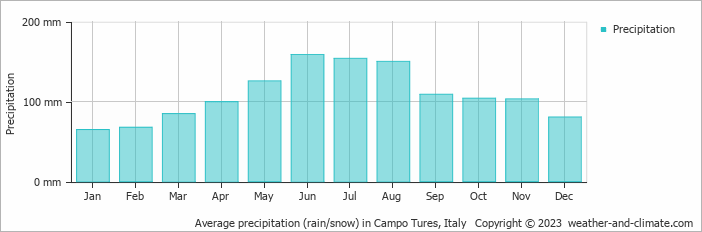 Average monthly rainfall, snow, precipitation in Campo Tures, Italy