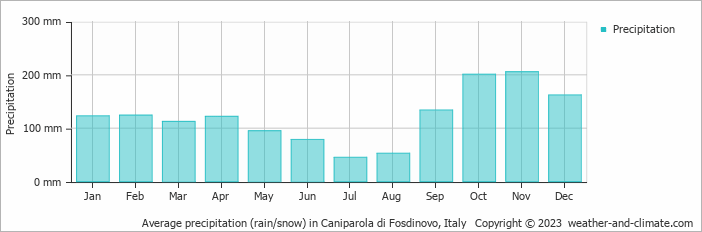 Average monthly rainfall, snow, precipitation in Caniparola di Fosdinovo, Italy
