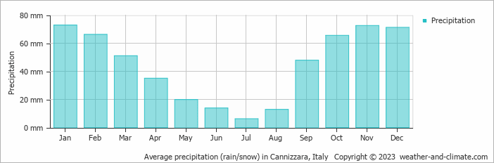 Average monthly rainfall, snow, precipitation in Cannizzara, Italy