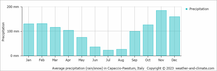 Average monthly rainfall, snow, precipitation in Capaccio-Paestum, Italy