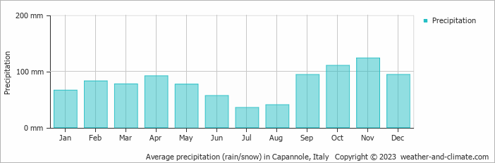 Average monthly rainfall, snow, precipitation in Capannole, Italy