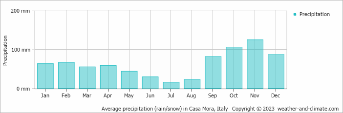 Average monthly rainfall, snow, precipitation in Casa Mora, Italy