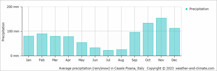 Average monthly rainfall, snow, precipitation in Casale Pisana, Italy