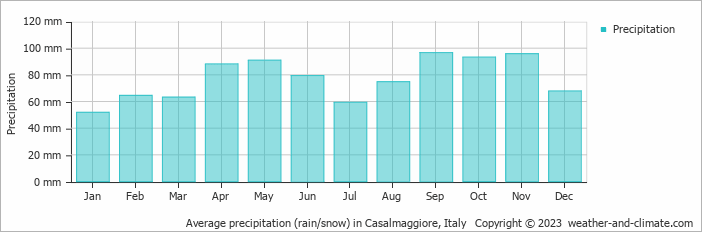 Average monthly rainfall, snow, precipitation in Casalmaggiore, Italy
