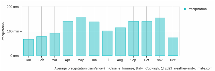 Average monthly rainfall, snow, precipitation in Caselle Torinese, Italy