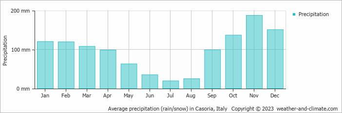 Average monthly rainfall, snow, precipitation in Casoria, Italy