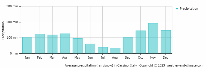 Average monthly rainfall, snow, precipitation in Cassino, 