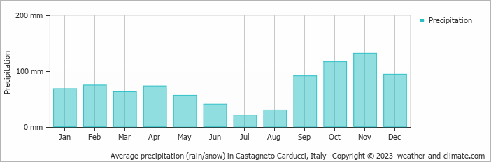 Average monthly rainfall, snow, precipitation in Castagneto Carducci, Italy
