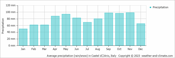 Average monthly rainfall, snow, precipitation in Castel dʼArio, Italy