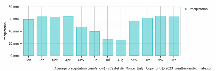 Average monthly rainfall, snow, precipitation in Castel del Monte, Italy