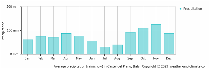 Average monthly rainfall, snow, precipitation in Castel del Piano, Italy