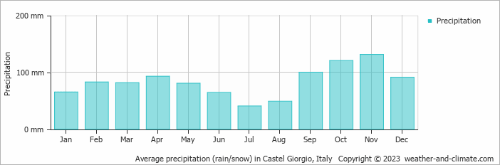 Average monthly rainfall, snow, precipitation in Castel Giorgio, Italy