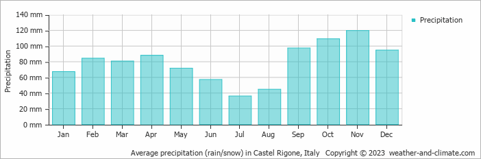 Average monthly rainfall, snow, precipitation in Castel Rigone, Italy