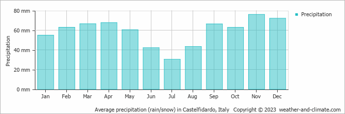 Average monthly rainfall, snow, precipitation in Castelfidardo, Italy