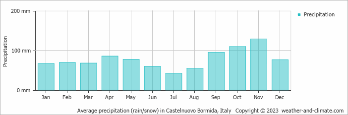 Average monthly rainfall, snow, precipitation in Castelnuovo Bormida, Italy