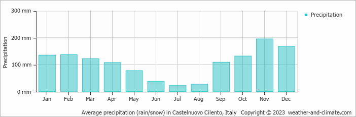 Average monthly rainfall, snow, precipitation in Castelnuovo Cilento, Italy