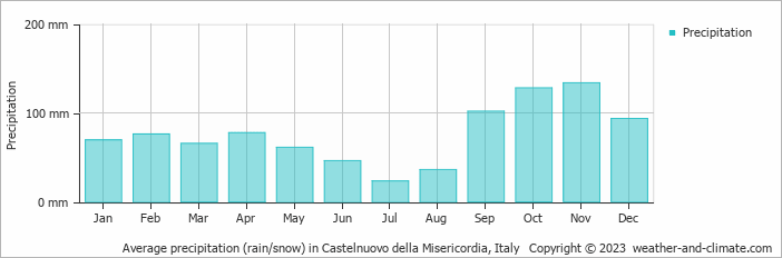 Average monthly rainfall, snow, precipitation in Castelnuovo della Misericordia, 