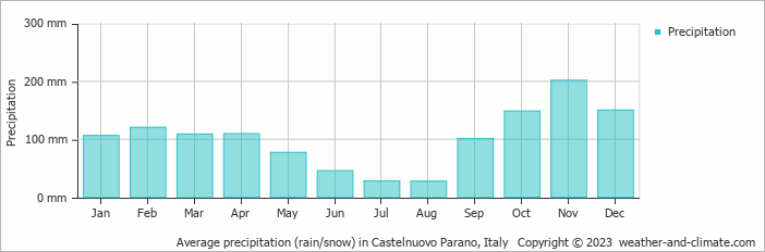 Average monthly rainfall, snow, precipitation in Castelnuovo Parano, Italy