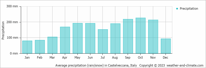 Average monthly rainfall, snow, precipitation in Castelveccana, Italy