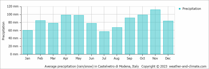 Average monthly rainfall, snow, precipitation in Castelvetro di Modena, Italy