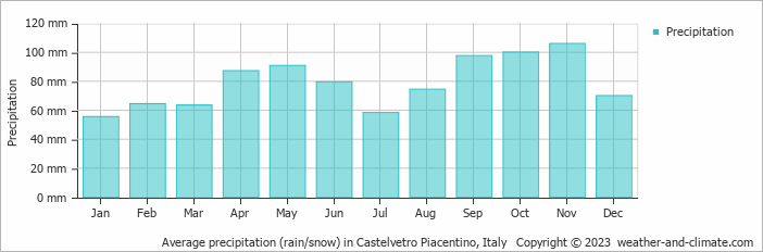 Average monthly rainfall, snow, precipitation in Castelvetro Piacentino, Italy