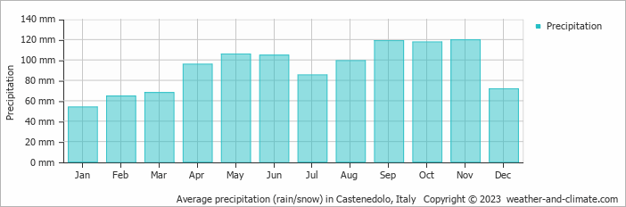Average monthly rainfall, snow, precipitation in Castenedolo, Italy