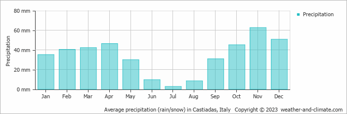 Average monthly rainfall, snow, precipitation in Castiadas, Italy