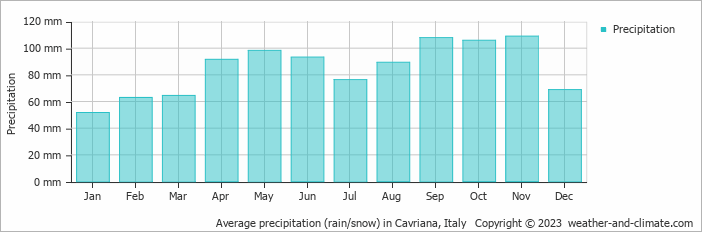 Average monthly rainfall, snow, precipitation in Cavriana, Italy