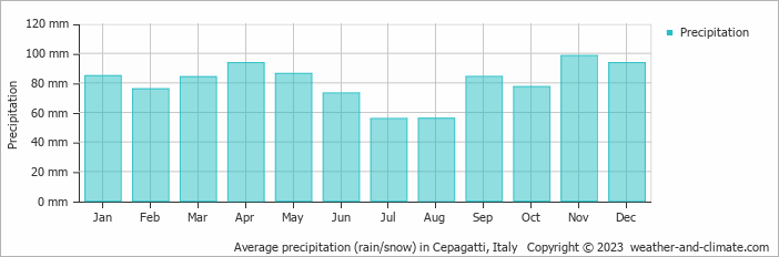 Average monthly rainfall, snow, precipitation in Cepagatti, 