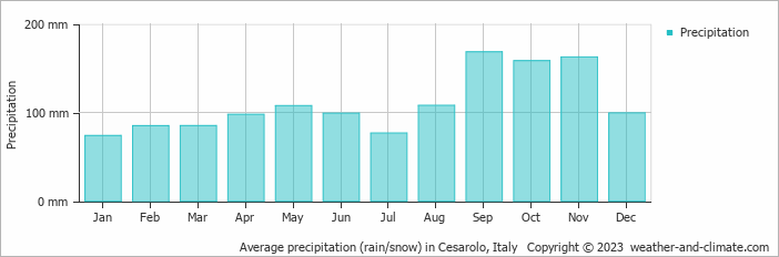 Average monthly rainfall, snow, precipitation in Cesarolo, Italy