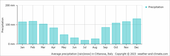 Average monthly rainfall, snow, precipitation in Cittanova, Italy