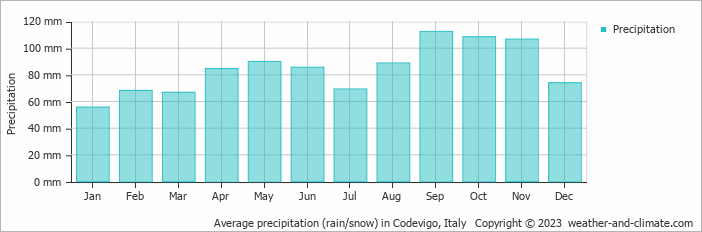 Average monthly rainfall, snow, precipitation in Codevigo, Italy
