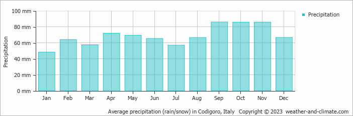 Average monthly rainfall, snow, precipitation in Codigoro, Italy