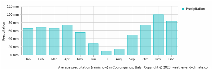 Average monthly rainfall, snow, precipitation in Codrongianos, Italy
