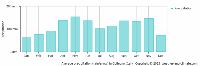 Average monthly rainfall, snow, precipitation in Collegno, Italy