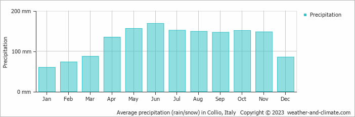 Average monthly rainfall, snow, precipitation in Collio, Italy
