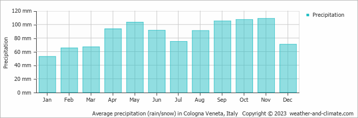 Average monthly rainfall, snow, precipitation in Cologna Veneta, Italy