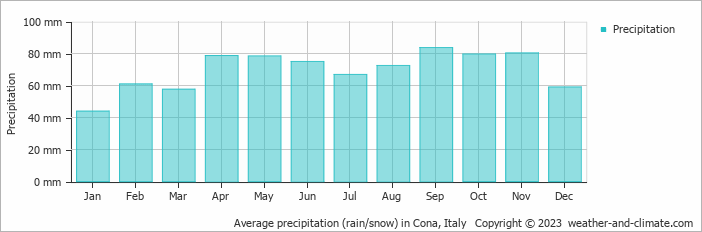Average monthly rainfall, snow, precipitation in Cona, Italy