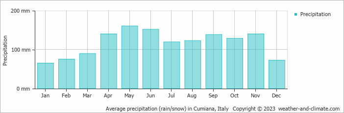 Average monthly rainfall, snow, precipitation in Cumiana, Italy