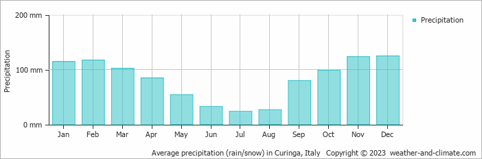 Average monthly rainfall, snow, precipitation in Curinga, Italy
