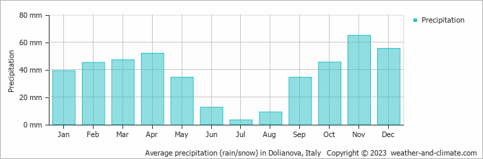Average monthly rainfall, snow, precipitation in Dolianova, Italy