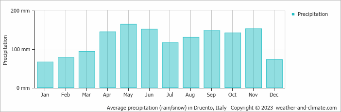 Average monthly rainfall, snow, precipitation in Druento, Italy