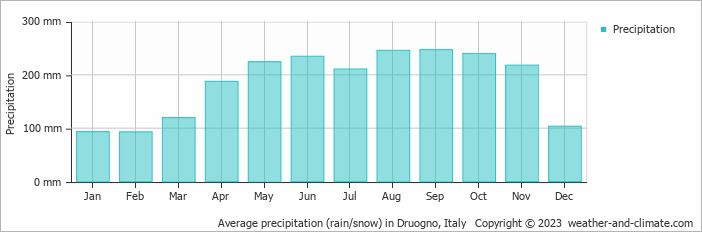 Average monthly rainfall, snow, precipitation in Druogno, Italy