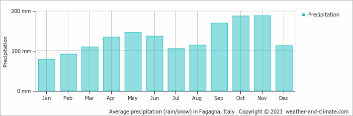 Average monthly rainfall, snow, precipitation in Fagagna, Italy
